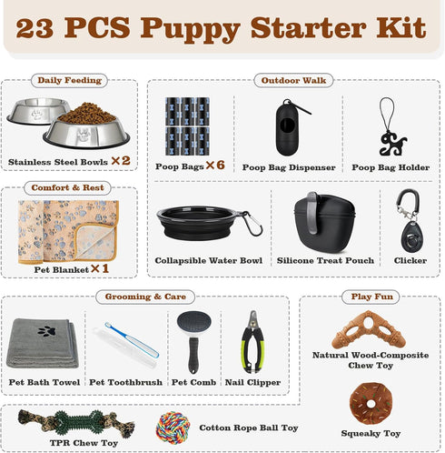 Set Puppy Supplies Starter Kit Puppy Essentials and Dog Stuff for Small Dogs, Includes Bowls, Toys, Toothbrush, Treat