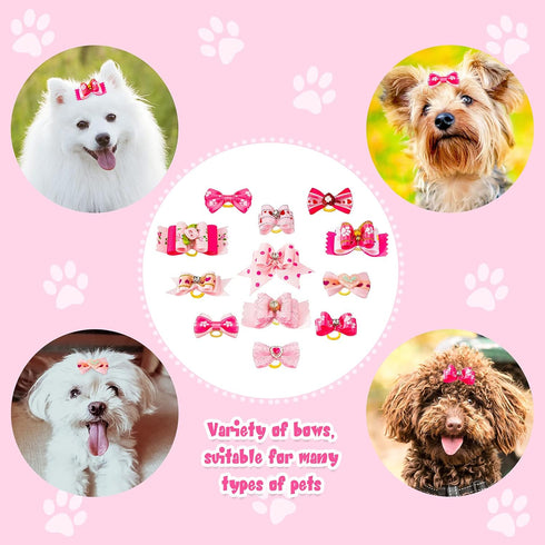 MTLEE 12 Pieces Small Dog Hair Bow Rubber Bands, Cute Puppies Hair Bows with Rhinestones, Pet Hair Accessories