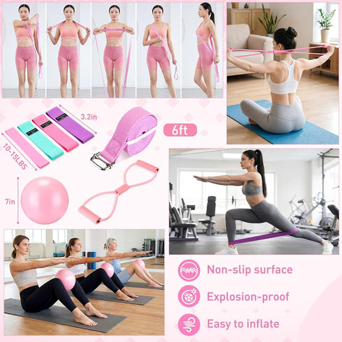 Teyva Daily 11 Set 3 Pcs Pink Yoga Accessories for Women, Home Pilates Essential Kit for Workout Gym Lover Gifts