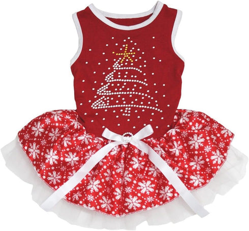 Petitebella Rhinestone Christmas Tree Puppy Dog Dress, Red/Red Snowflakes, XXX-Large Size