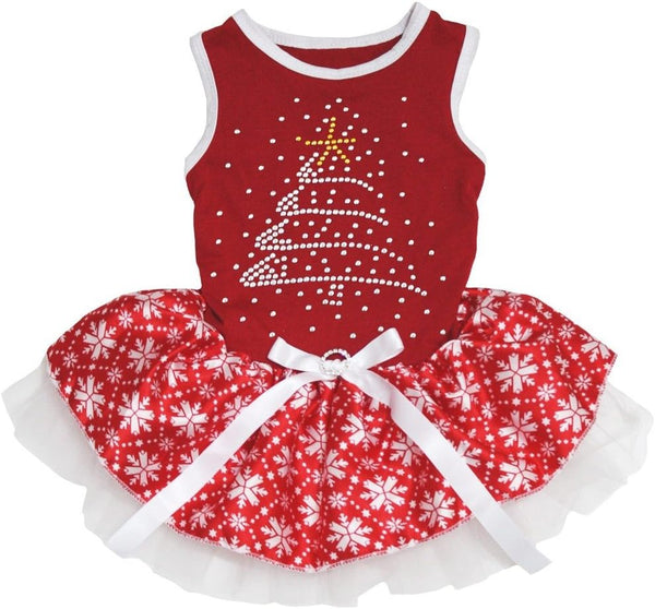 Petitebella Rhinestone Christmas Tree Puppy Dog Dress, Red/Red Snowflakes, XXX-Large Size