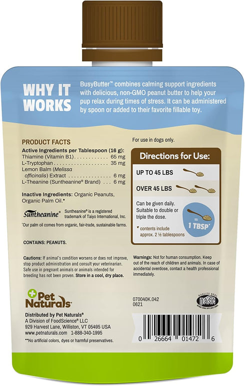 6 Pet Naturals BusyButter Easy Squeeze Calming Peanut Butter for Dogs, Pouches - Great for Treats, Lick Mats, Training