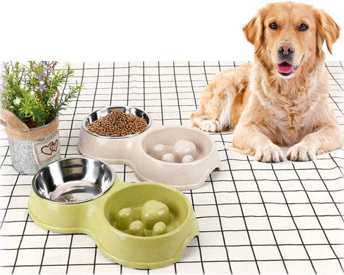 Tineer Double Pet Dog Slow Feeder Bowl, Stainless Steel Anti-Choke Puppy Food and Water Feeder (Pink) for Dogs Cats