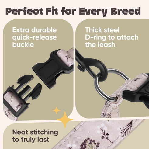 Adjustable Dog Collar for Medium & Large Dogs with Flowers Cotton Padded Pattern, Strong and Durable