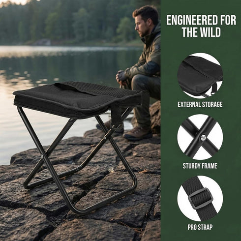Folding Camping Stool - Portable Pocket Chair Converts to Satchel with External Grid Storage | Perfect for Camping