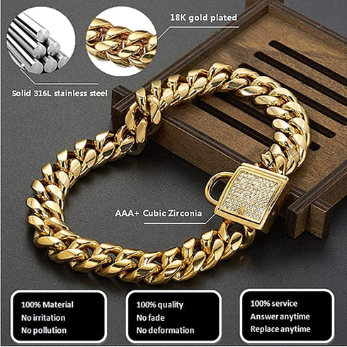 Gold Dog Chain Collar - Stainless Steel with Zirconia Lock, Heavy Duty Cuban Chain for Small Medium Large Dogs (14mm