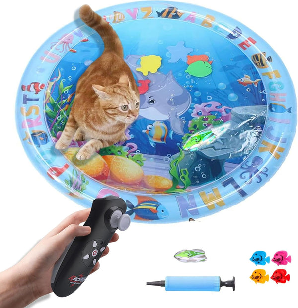 Cat Dog Water Mat with Remote Control LED Boat, Thickened Anti-Scratch Leak
