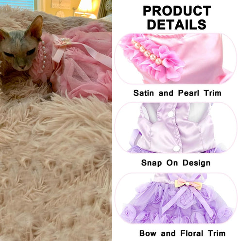 SMALLLEE_LUCKY_STORE Pet Small Dog Wedding Dress with Bowknot Birthday Party Costume Satin Rose Pearls Girl Formal Dress Cat Tutu Purple Violet XL
