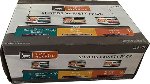 SIMPLY NOURISH 1-12 Pack Pack. 4-Chicken Tuna,4-Chicken 4-Turkey Sauce.12-3 Cat Canned Food. of Shreds Variety