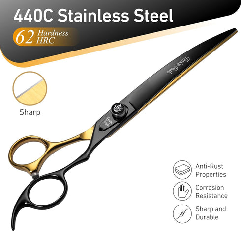 Fenice Peak 8'' Black Dog Grooming Scissors - Golden Curved Scissors with Ergonomic Offset Handle, 440C Durable and