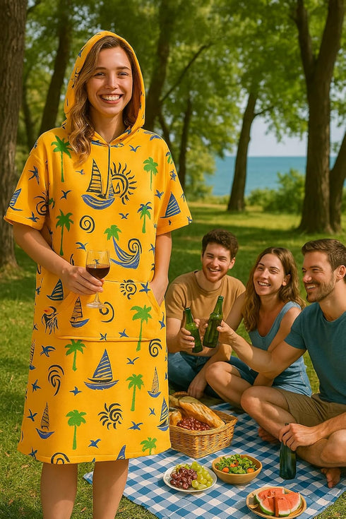 100% Unisex Surf Changing Poncho Turkish Cotton Hooded Drying Poncho with Pocket Quick-Drying, Lightweight