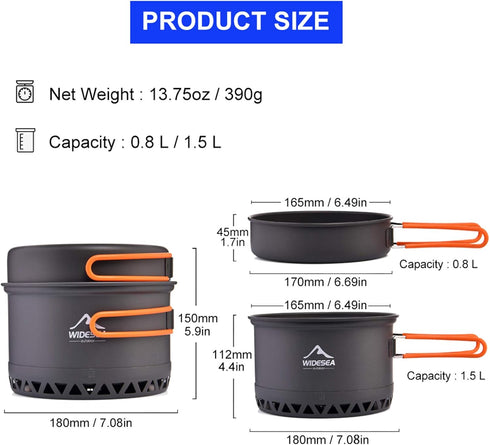 widesea Camping Cookware Outdoor Pot Pan, Heat Exchange Design Cooking Equipment for Hiking Travel