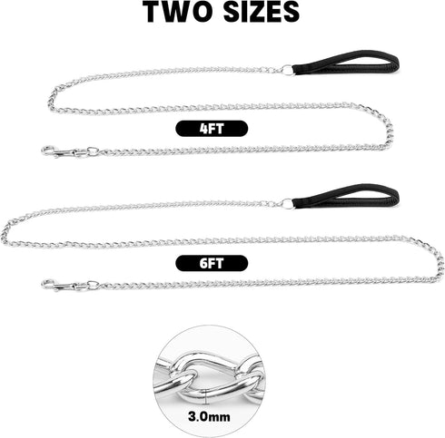 Heavy Duty Chain Dog Leash for Medium Large Dogs, Chew Proof Metal Lead with Soft Padded Handle, Classic Black, 4FT