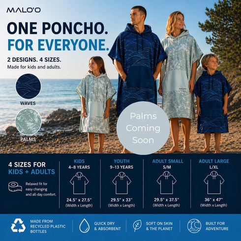 Maloo Nalu Changing Poncho Hooded Surf & Swim Towel Poncho for Adults & Kids, Quick-Dry, Ultra-Soft, Made from Recycled