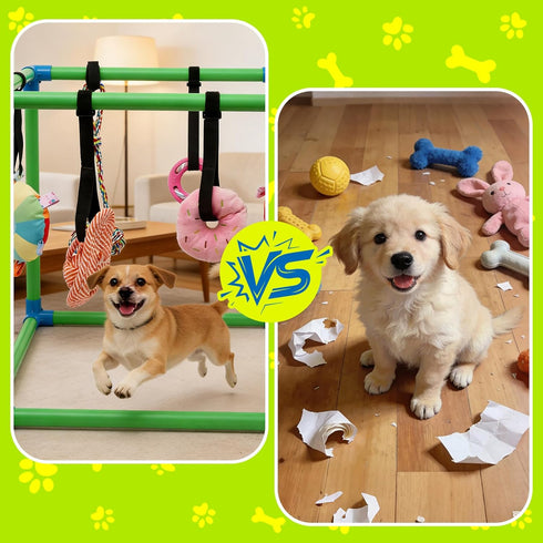 HBLEDOT 8 Puppy Play Gym with Hanging Toys, Small Dogs Indoor Jungle Gym, PVC Frame with Bungee Straps Enrichment