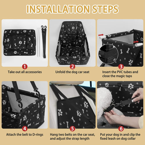PetsHome Foldable Dog Car Seat, Waterproof Oxford Travel Bag for Small to Medium Dogs, Pattern Black
