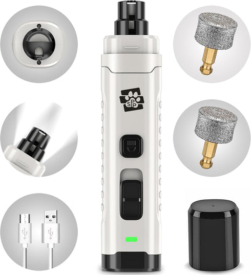 Dog Nail Grinder - Ultra Quiet Rechargeable Trimmer with 2 LED Lights, 2-Speed for Small, Medium and Large Dogs