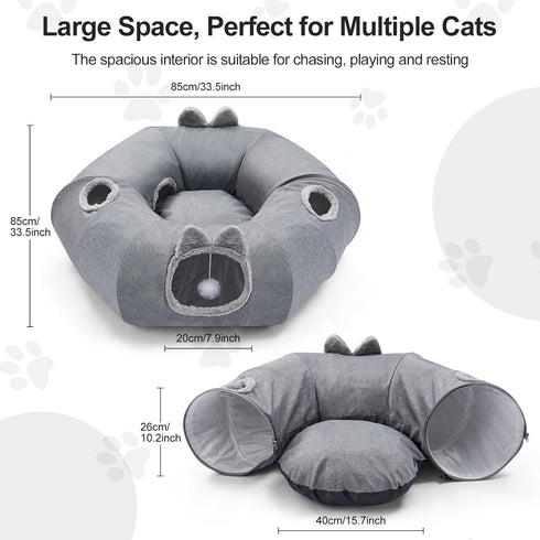 Linen Cat Tunnels with Central Cat Bed, Interactive Cat Toys Detachable Washable Soft Mat Large Indoor Play Tunnel Cave