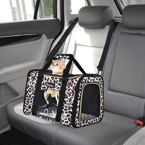 Petmolico Cat and Dog Carrier, Airline Approved Soft Travel Carrier with 3 Open Doors, Leopard