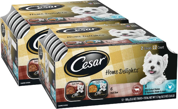 CESAR HOME DELIGHTS Soft Wet Dog Food Variety Pack - Slow Cooked Chicken & Vegetables Dinner and Beef Stew, 12 count