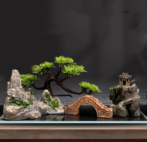 Small Japanese Fish Tank Decorations Set, Suitable for Aquariums up to 5 Gallon, Includes Plastic Plants