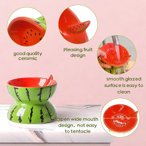 Hamiledyi 5In Elevated Wide Ceramic Cat Bowl for Food and Water, Anti Vomiting Tilted Pet Feeder Dish (Watermelon)
