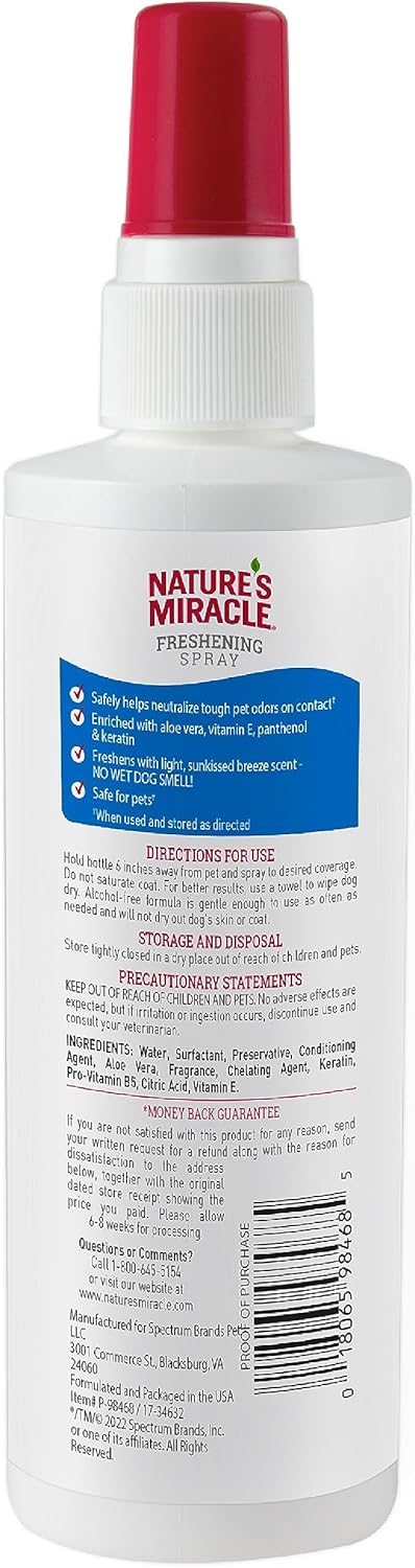 Nature's Miracle Freshening Spray For Dogs Freshens Dog’s Coat Between Baths And Neutralizes Tough Odors With Sunkissed Breeze Scent, 8 Ounces