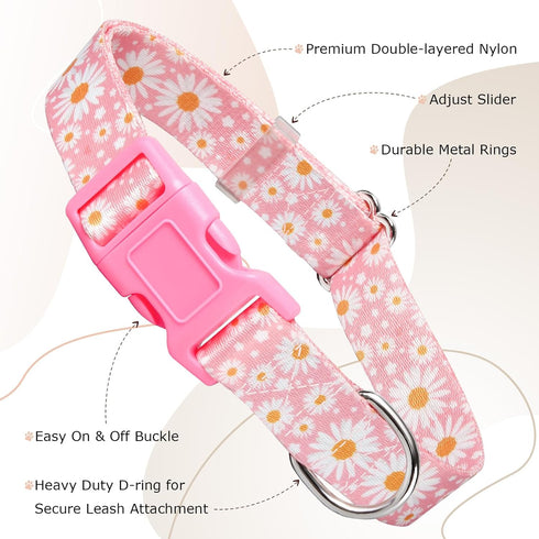 Girl Dog Collars with Daisy Patterns - Cute Pink Adjustable Soft Durable Collars for XS Small Medium Large Dogs (L)