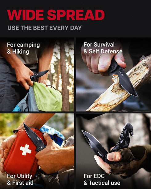 GOOD WORKER Black Pocket Knife, Serrated Sharp 3.5" Blade, Spring Assisted Tactical Knife Set