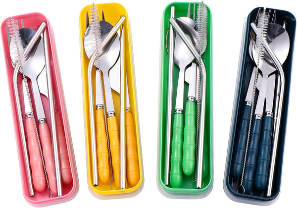 Facune 4 Colors Portable Travel Utensils with Case, Reusable Stainless Steel Cutlery Include