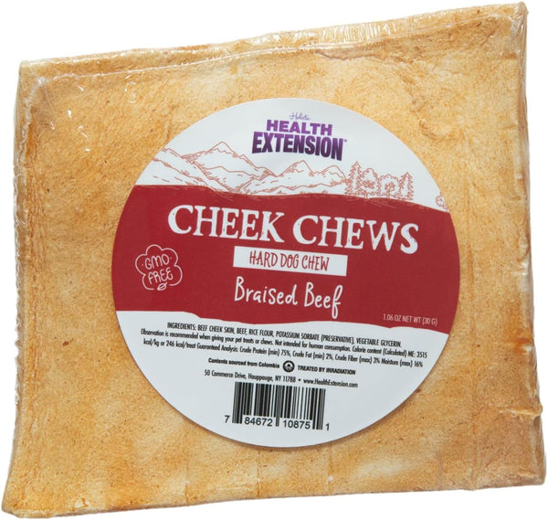Health Extension Cheek Chews, Non-GMO, Rawhide Free, Training Treats for Dogs & Puppies, Braised Beef Flavor