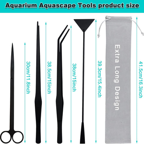 Aquarium Aquascape Tools Kit, Long 15 Inch Stainless Steel Aquatic Plants Tools, 4 in 1 Anti-Rust Black Aquascaping Tweezers Scissors Spatula Scrapers Tool Set for Fish Tank Cleaning Plant Trimming by Petsocie