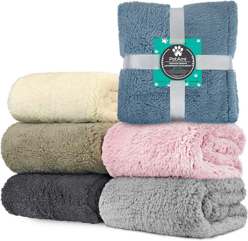 PetAmi Fluffy Waterproof Dog Blanket for Bed, Large Dogs, Soft Warm Pet Sherpa Throw, Washable Mat, Dusty Blue, 60x80