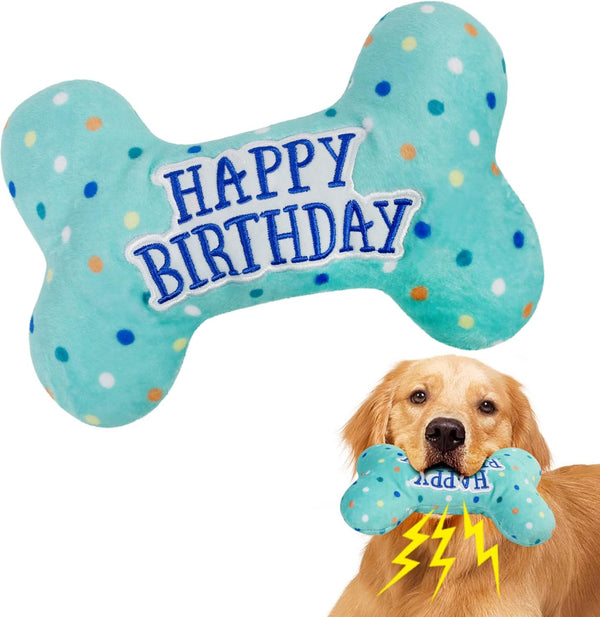 PrimePets Dog Birthday Toys, Plush Squeaky Toys, Birthday Party Supplies for Small, Medium, Large Dogs (Bone)