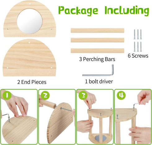 Cubolar Pine Chicken Perch with Mirror, Strong Chick Jungle Gym Roosting Bar, Chicken Toys for Coop and Brooder