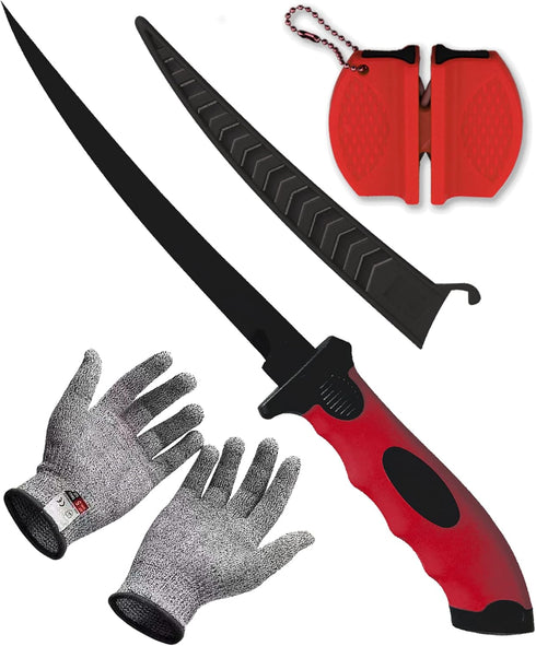 Fish Fillet Knife Set - 7 Inch Professional Stainless Steel Blade with Sharpener and Gloves for Fishing and Outdoor