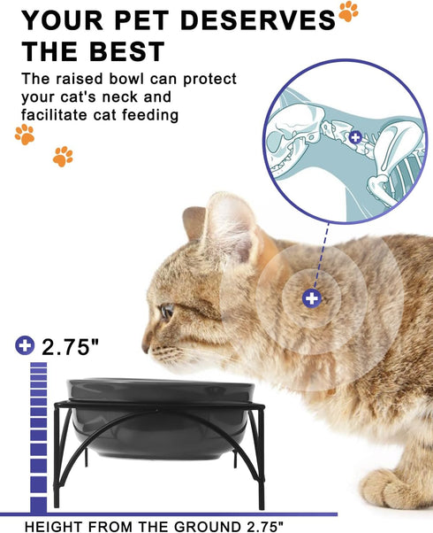 Y YHY Dog & Cat Food Bowls, 12OZ Ceramic Elevated Pet Bowls with Sturdy Metal Stand, Grey