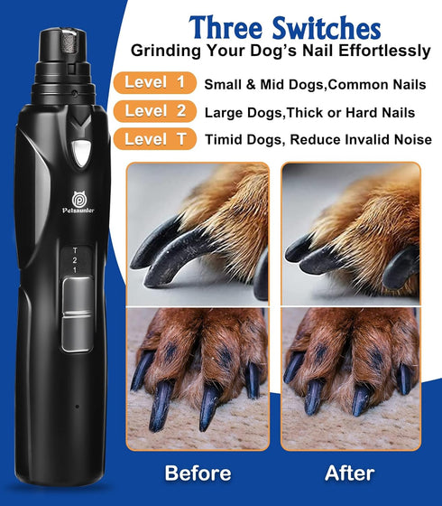 Dog Nail Grinder, 2-Speed with LED Light, Quiet Low-Vibration Nail Trimmers for Large, Medium, Small Dogs & Cats