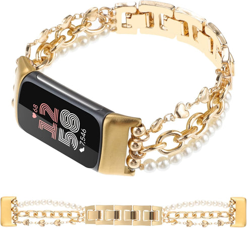 Pearl Beaded Bands for Fitbit Charge 6/Charge 5, Stylish Gold Love Shape Link Chain Jewelry Bracelet