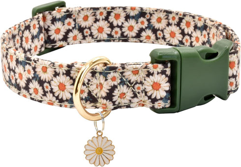 Flower Patterns Dog Collar with Accessories, Soft Cotton Collars for Small Medium Large Female and Male Dogs (Daisy L)