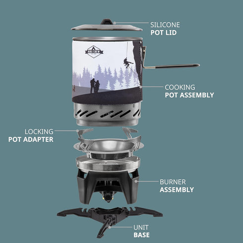 HikeCrew Portable Gas Powered Stove Top & Cooking System with 1L Pot, Perfect for Camping, Hiking, Backpacking