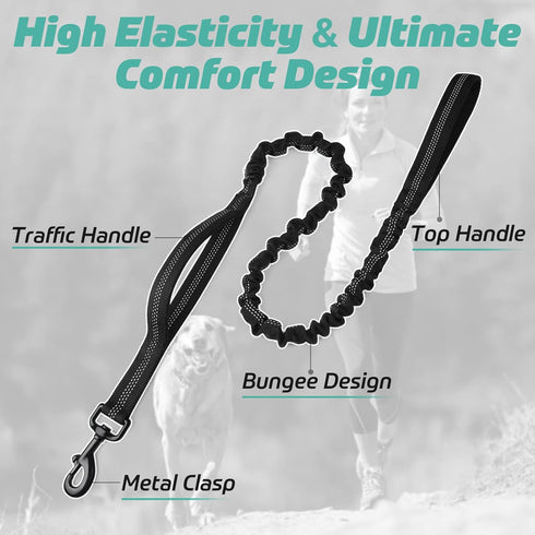 rabbitgoo Tactical Dog Leash, Bungee Training Leash with Shock Absorption, Black, 5.2FT with 2 Padded Handles