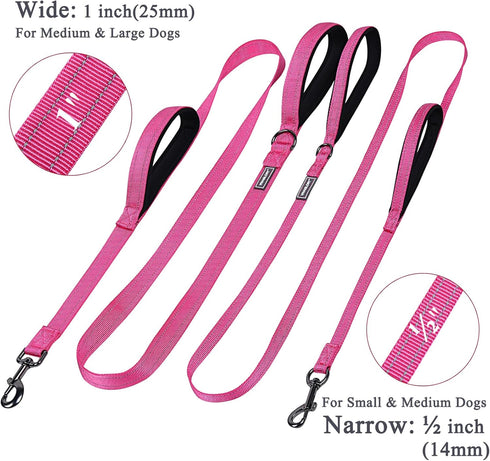 VIVAGLORY Traffic Handle Dog Leash with Two Padded Soft Handles, Reflective Training Lead, Pink