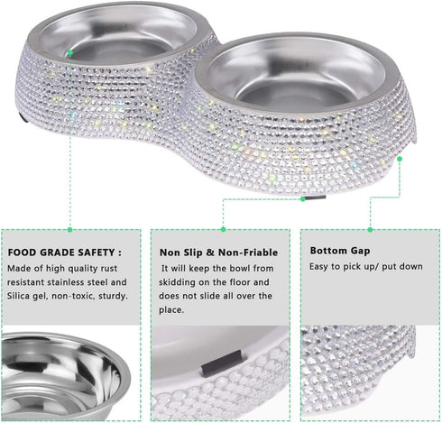 SAVORI Small Dog Bowls - Handmade Bling Rhinestones Stainless Steel Double Food Water Feeder for Cats and Dogs (Silver,