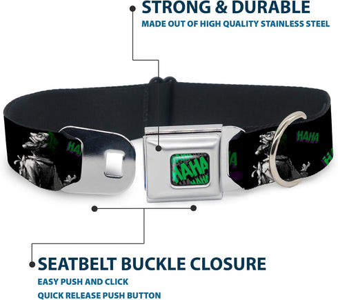 Dog Collar Seatbelt Buckle, Joker Die Laughing Haha, Black Purple Green, 15 to 26 Inches Wide