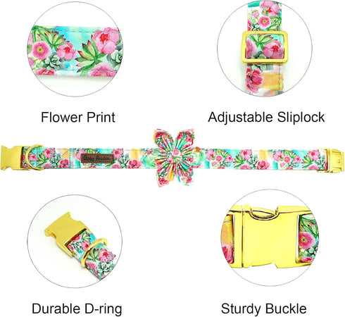 Dog Collar Pink Flowers Print, Cute Girl Collar with Flower Adjustable Metal Buckle Gift for Large Dogs