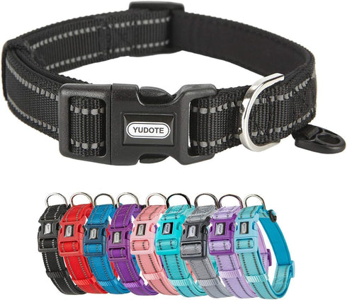 Reflective Nylon Padded Dog Collar, Adjustable Soft Pet Collars for Small Medium Large Dogs (Black)