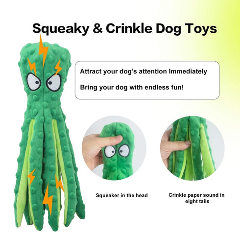 Dog Squeaky Toys Octopus - No Stuffing Crinkle Plush Chew Toys for Puppy Teething, 2 Pack for Small, Medium, Large Dogs