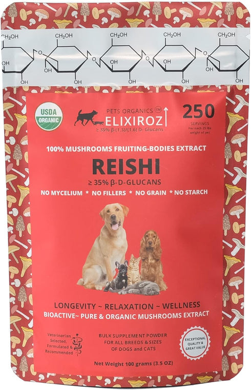 PURE REISHI, 100% Mushrooms Extract for Dogs & Cats - Immune & Digestive Health, Anti-inflammatory, Antioxidative