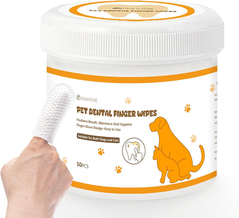 Pet Dental Cleaning Wipes for Dogs & Cats, Disposable Finger Toothbrush for Plaque & Tartar Removal, Oral Care, 50 Count